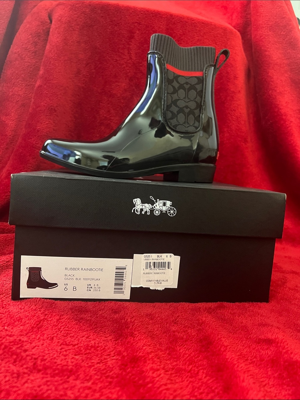 Coach Black Patent Rubber Chelsea Rain Bootie with Signature Panel